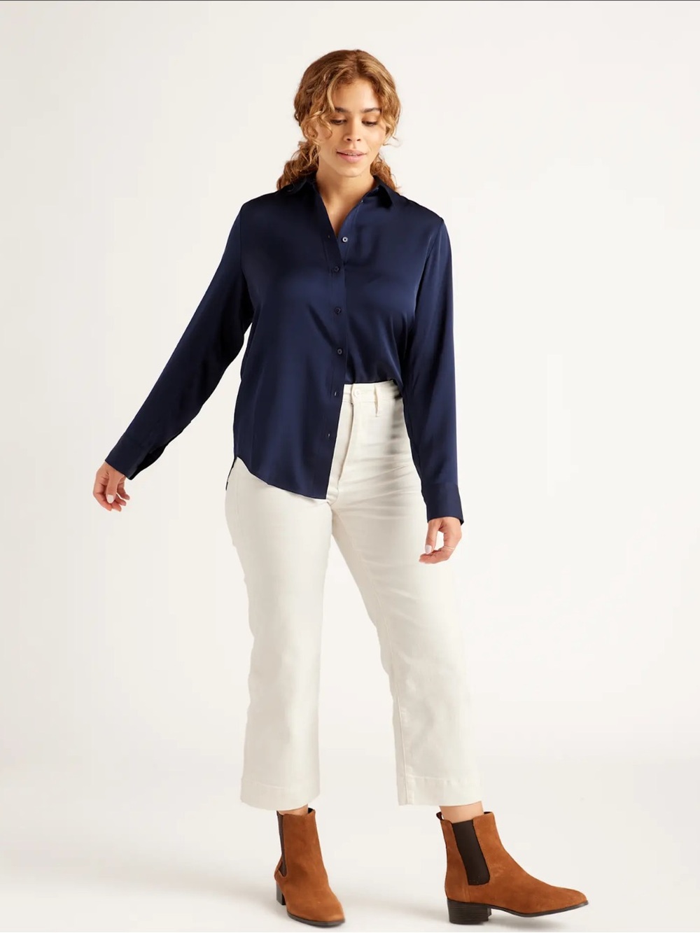 Quince Washable Stretch Silk Blouse Navy Sz M
